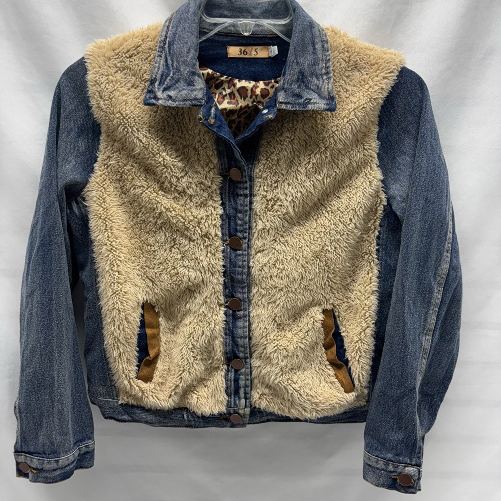 36 Point 5 DENIM/SHERPA Jeans JACKET w Leopard Lining Faux Pockets Women’s Sz L